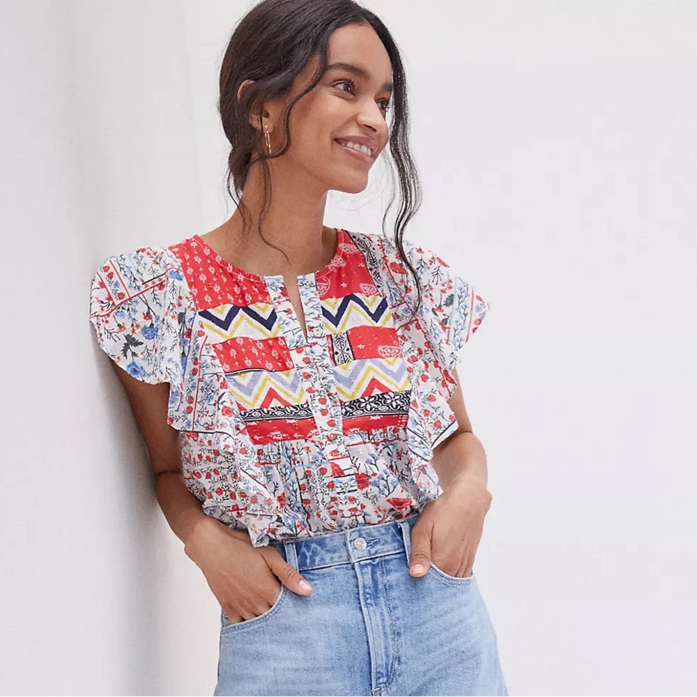 Anthropologie Let Me Be Patchwork Ruffle Floral Mixed Print Blouse Size 4